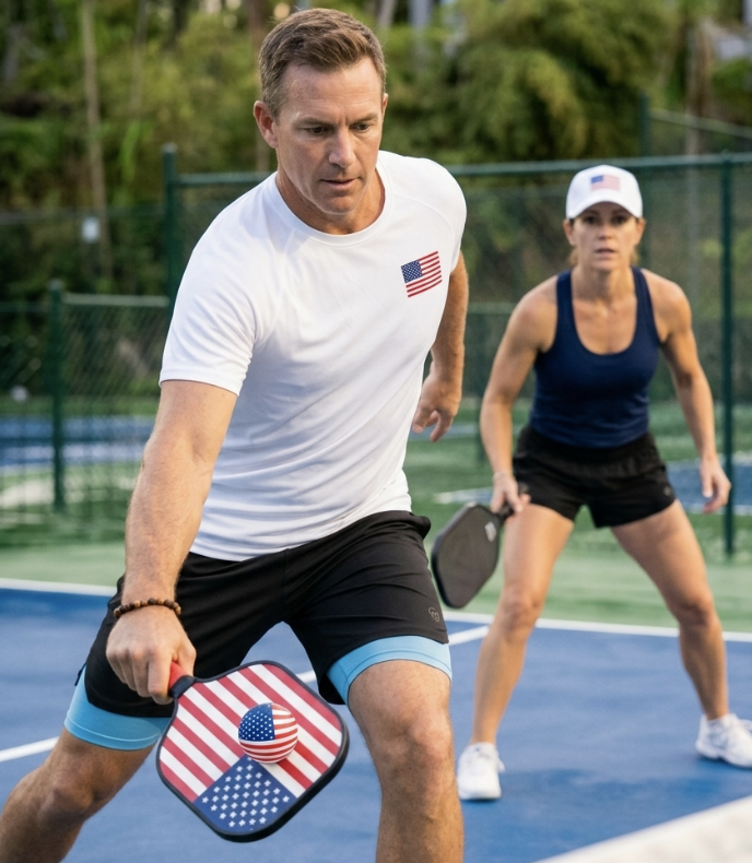 a man and woman playing paddle tennis