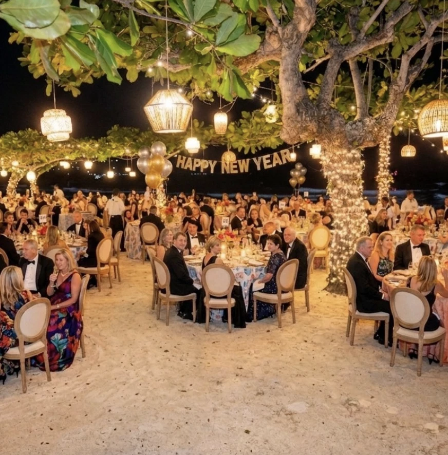 a group of people sitting at tables under a tree