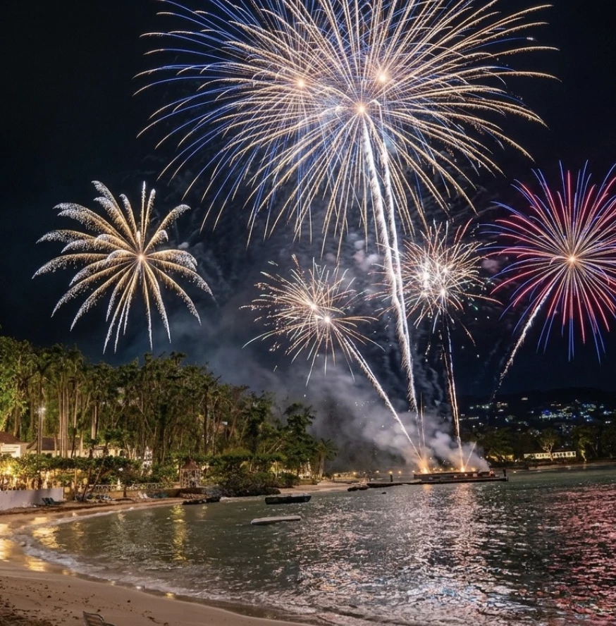 fireworks over a beach