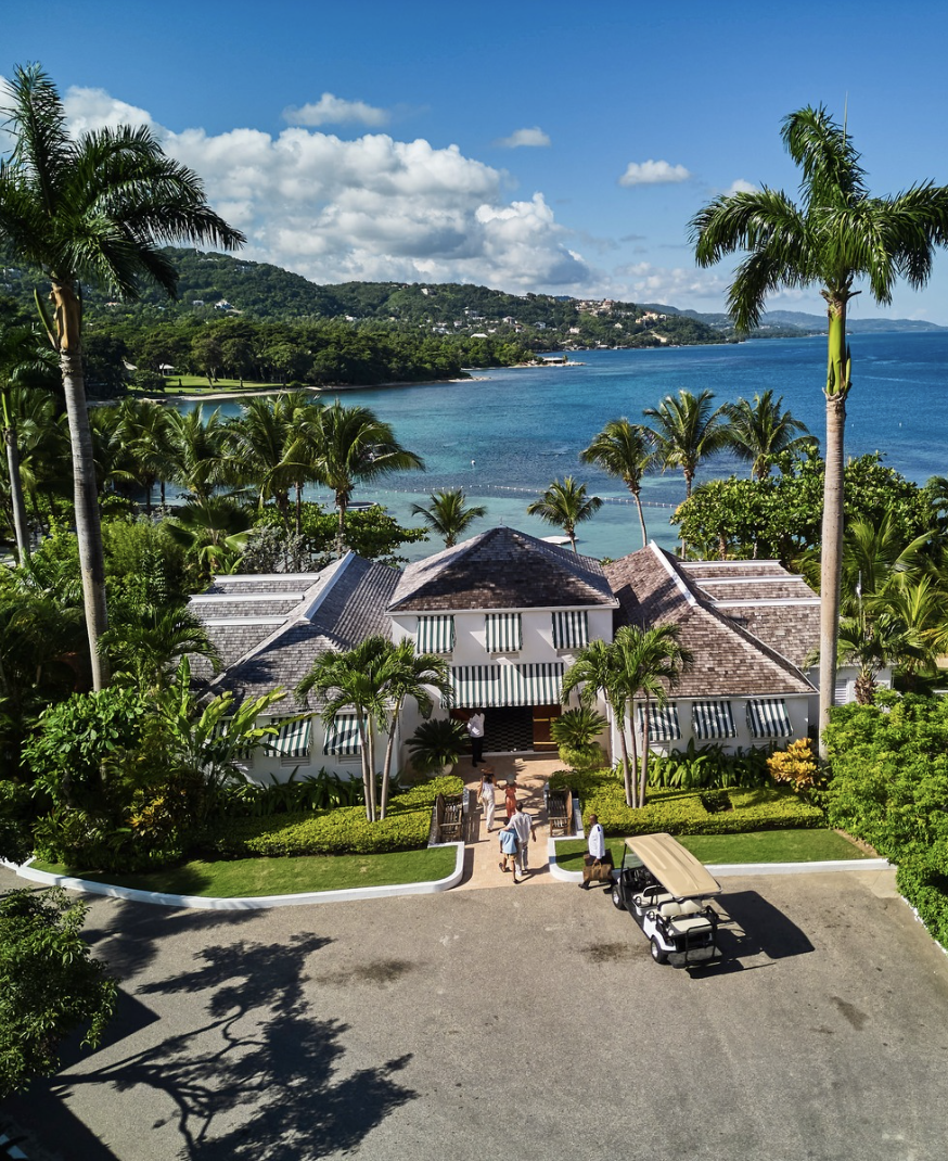 a large house with palm trees and a body of water