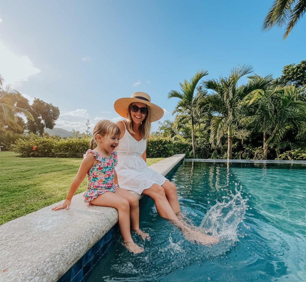 a woman and child sitting on a pool edge