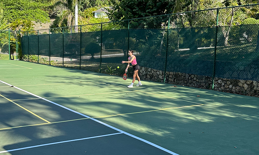 a woman playing tennis on a court
