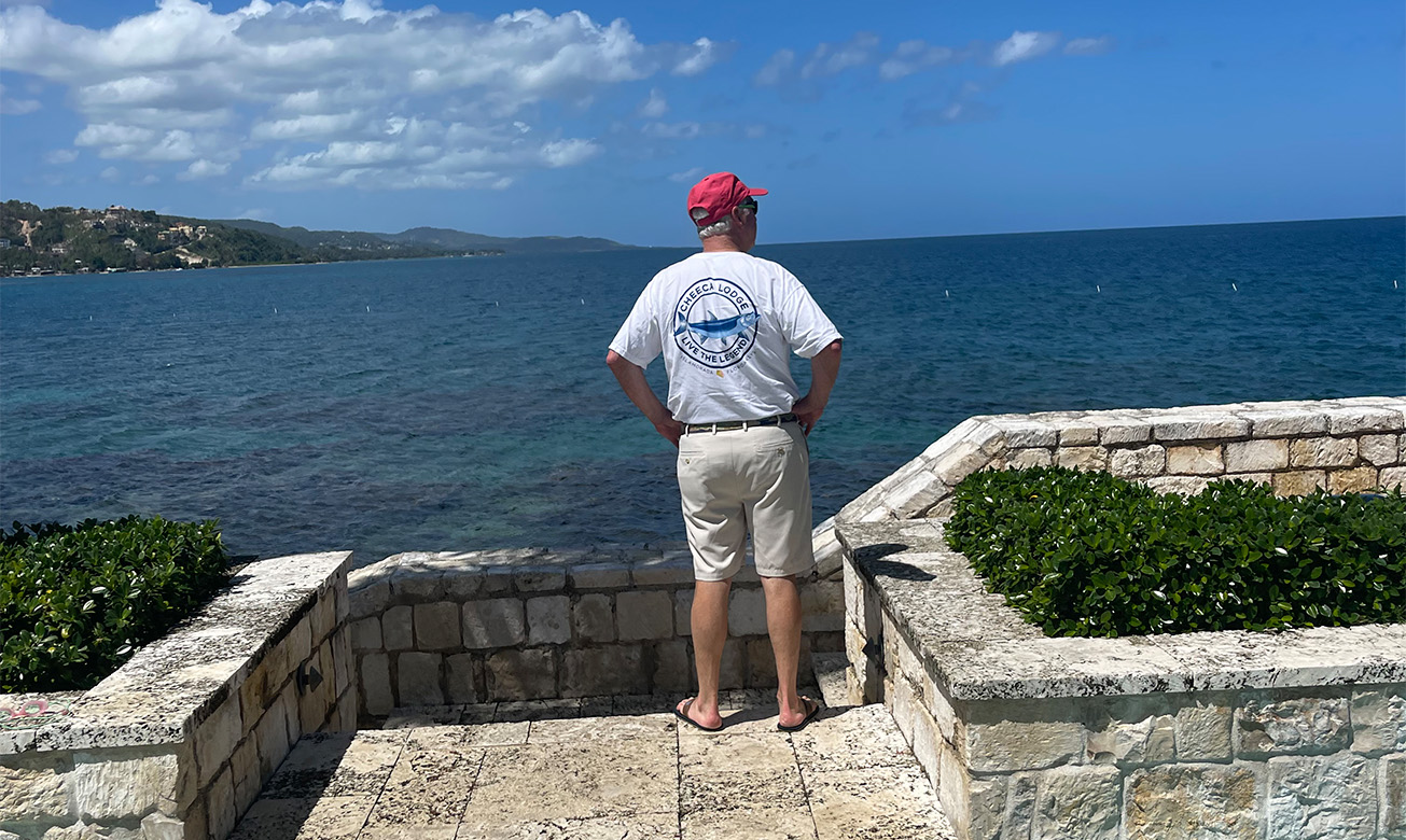 a man standing on a stone ledge overlooking a body of water
