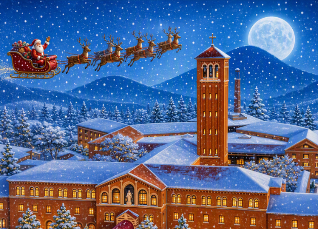 a santa flying over a building