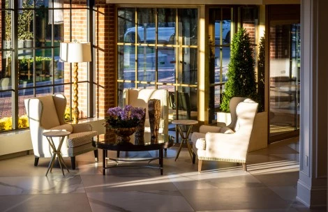 a room with chairs and a table