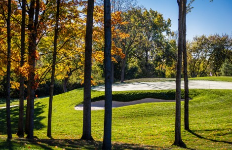 a golf course with trees and a sand trap