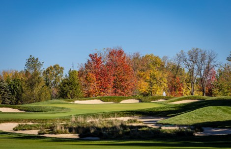 a golf course with trees and blue sky