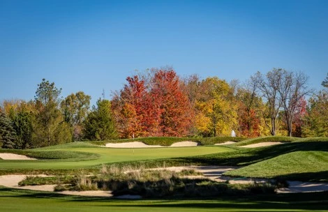 a golf course with trees and blue sky