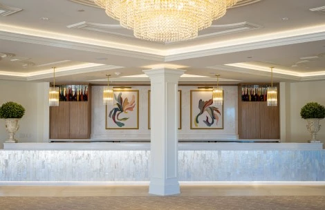 a reception desk in a hotel