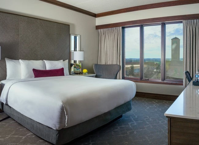 a hotel room with a bed and a window