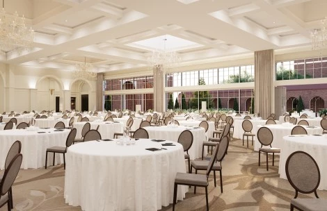 a large room with tables and chairs