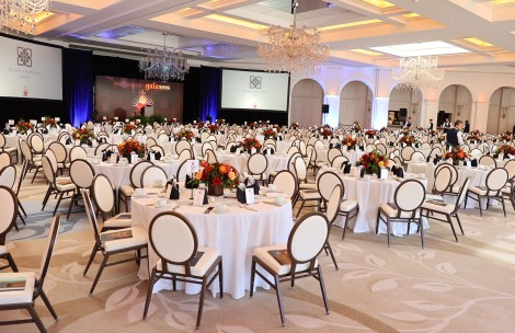 a large room with tables and chairs