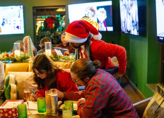 a group of people in a restaurant