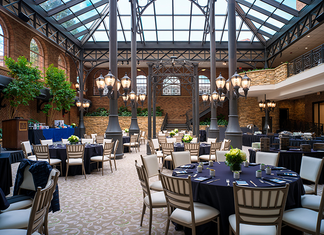 a room with tables and chairs