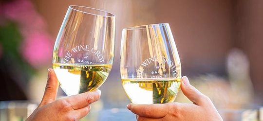 two hands holding glasses of wine