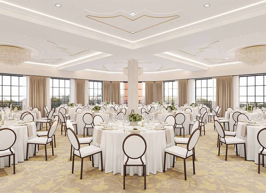 a room with tables and chairs