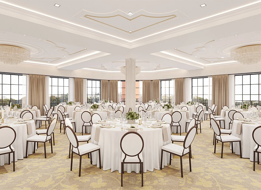 a room with tables and chairs