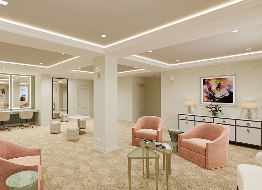 a room with pink chairs and tables