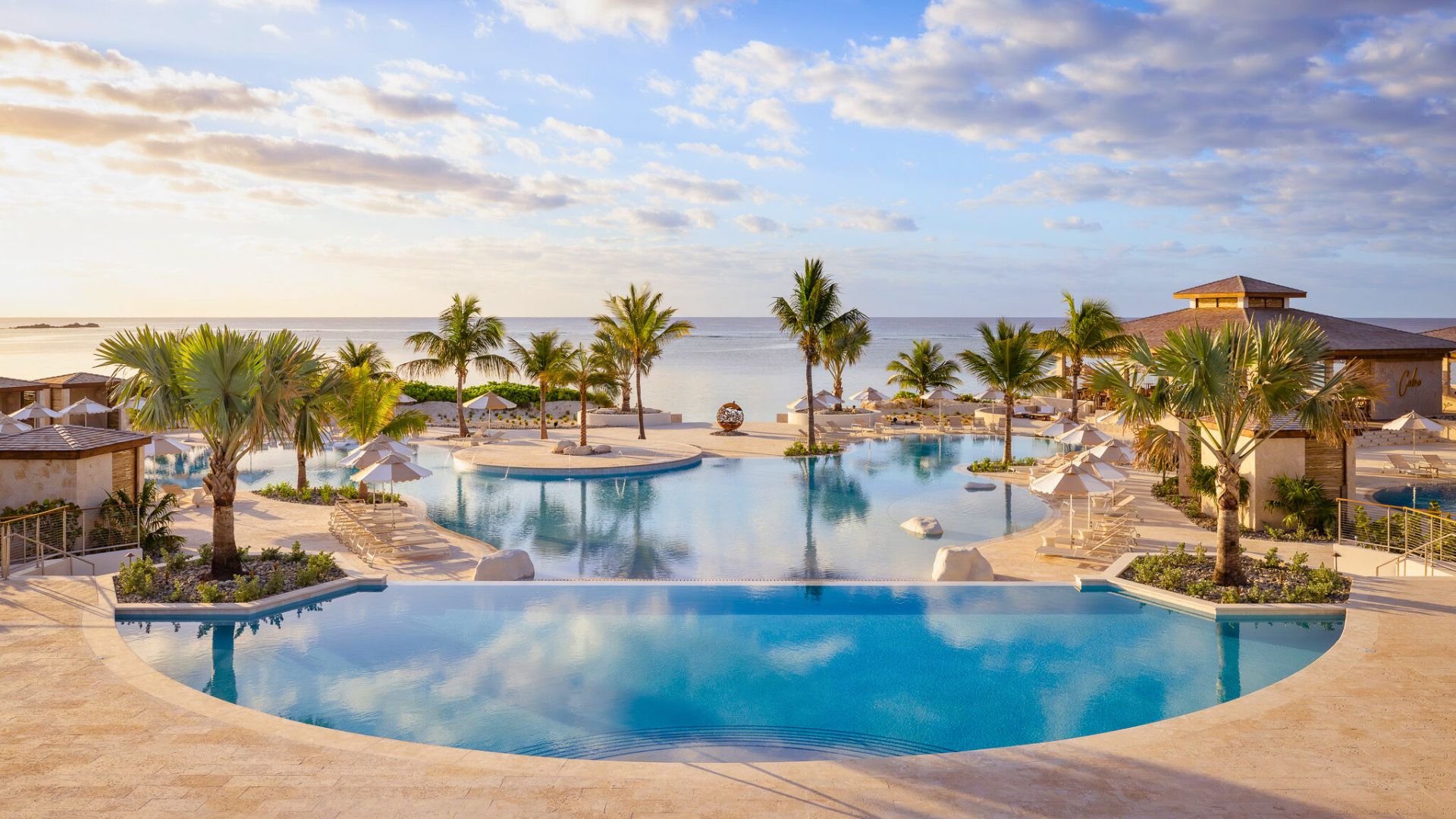 a pool with palm trees and a beach in the background