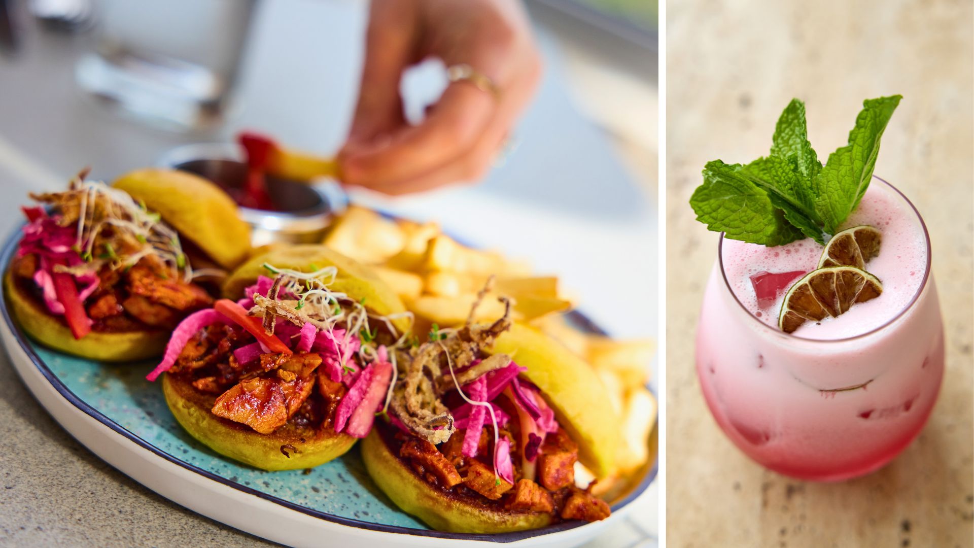 a plate of food and a drink