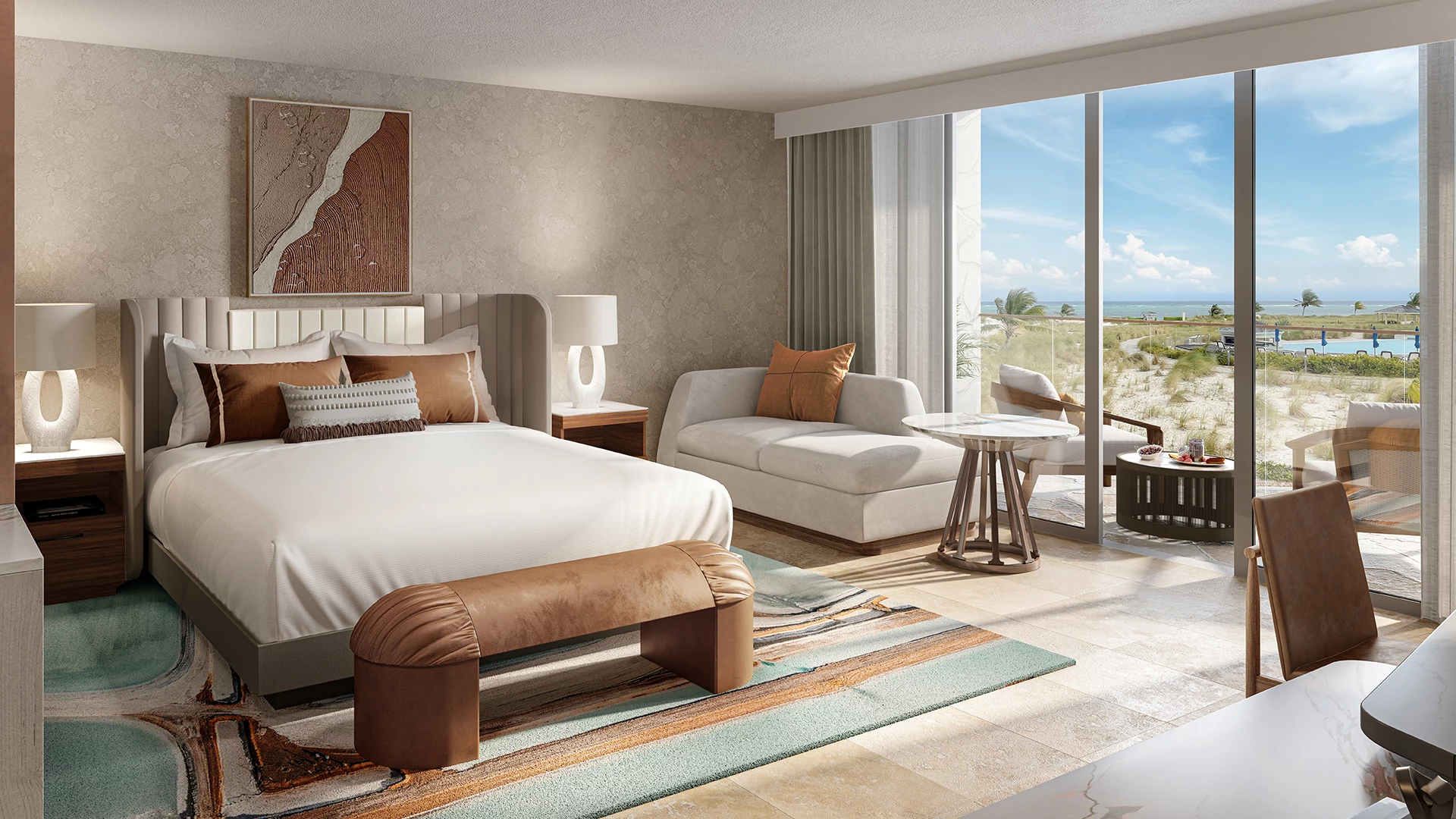a bedroom with a large window overlooking a beach
