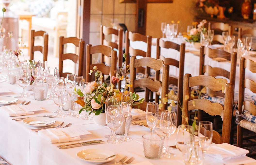 a table with empty glasses