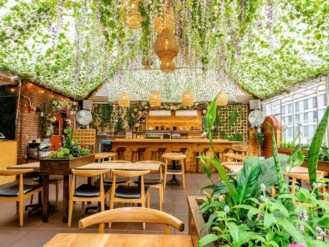 a room with tables and chairs and plants