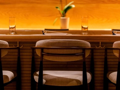 a chair and a table with a plant in the background