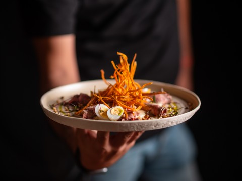 a person holding a plate of food