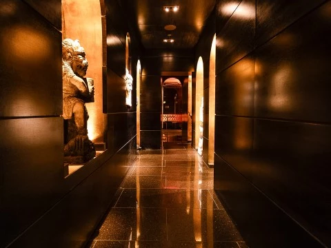 a dark hallway with a statue on the wall