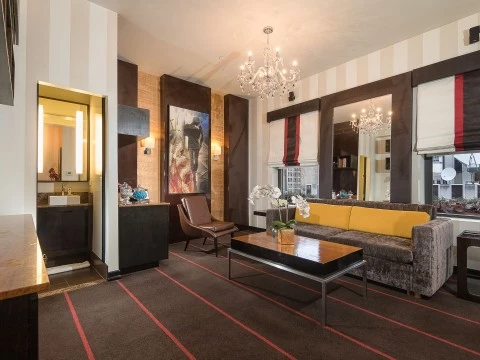 a room with a couch and a coffee table