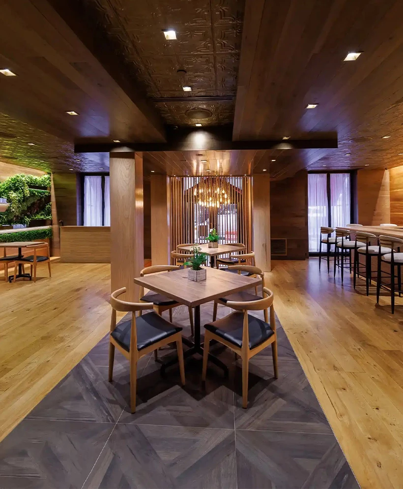 a room with a table and chairs