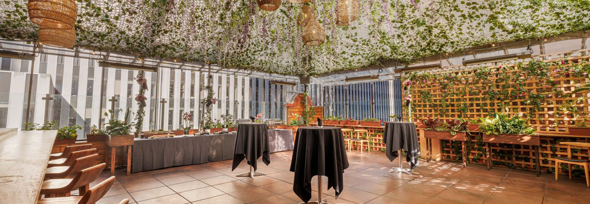 a room with tables and chairs and lights