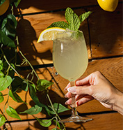 a hand holding a glass of liquid with a lemon and mint leaf