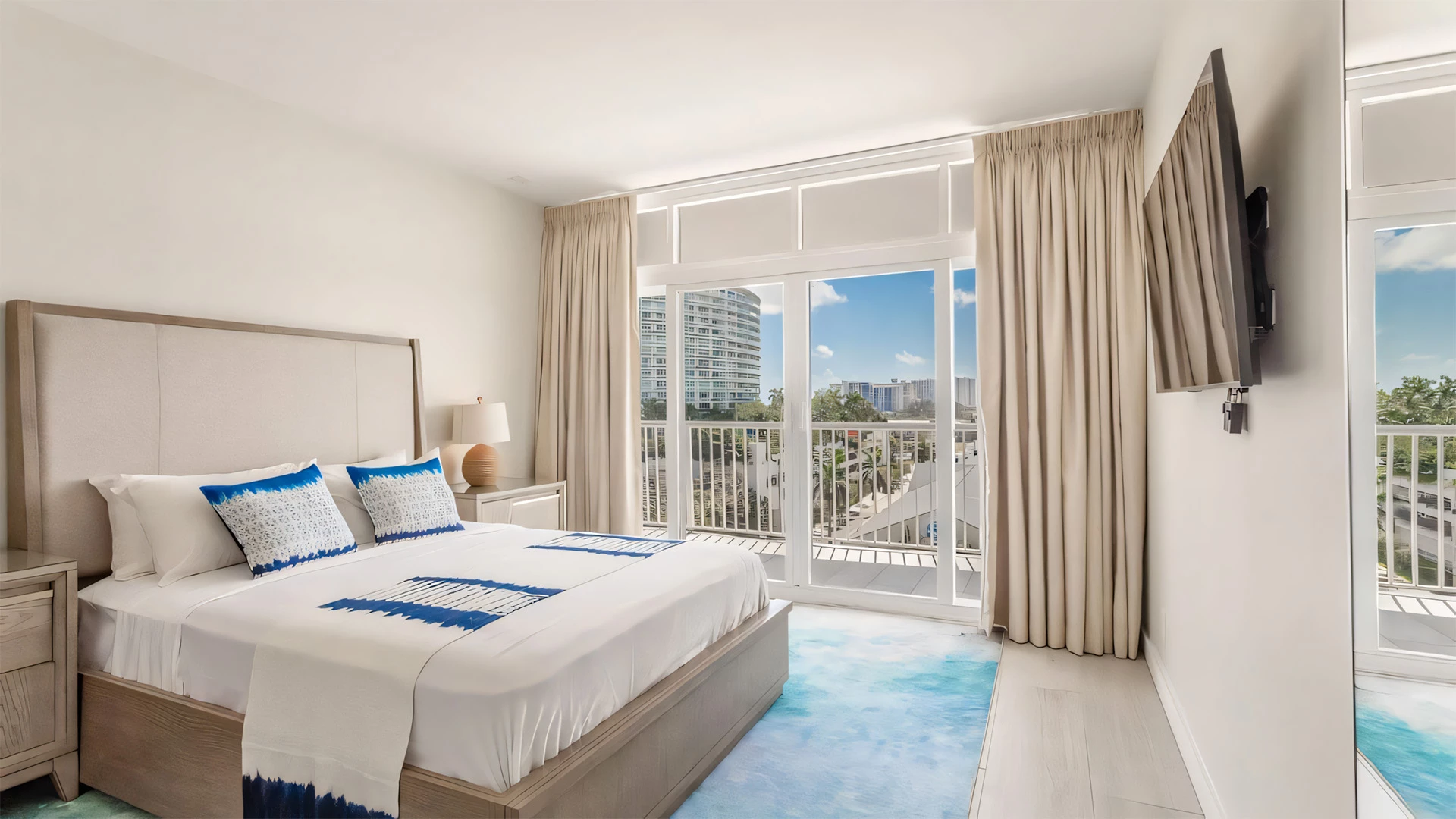 A wide view of a hotel room with a bed, balcony, and city view.