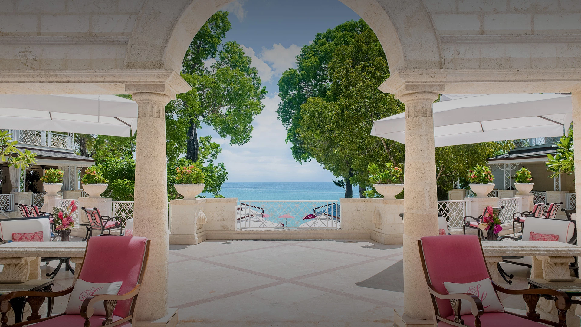 Stone overhead structure on balcony overlooking the water