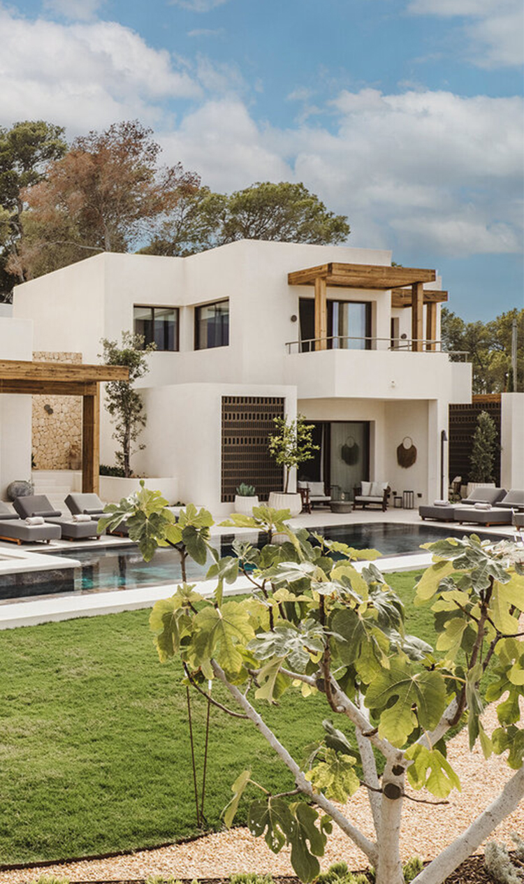 a building with a pool and trees