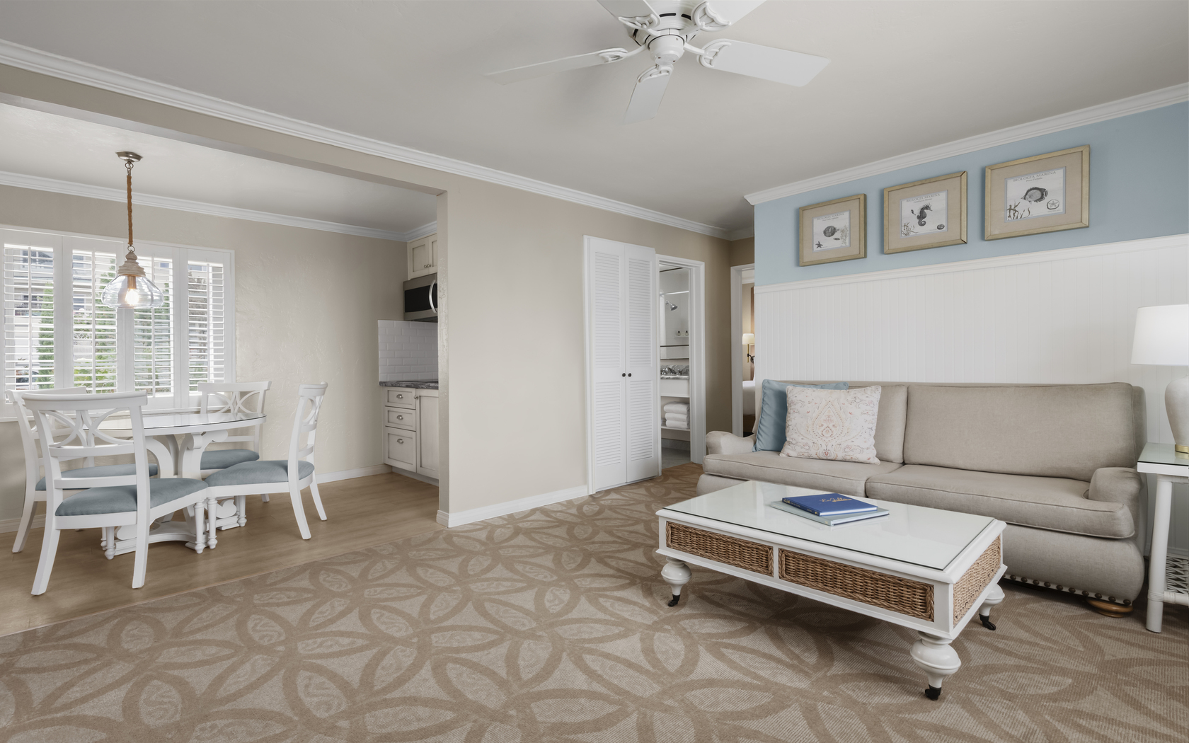 a living room with a couch and a coffee table