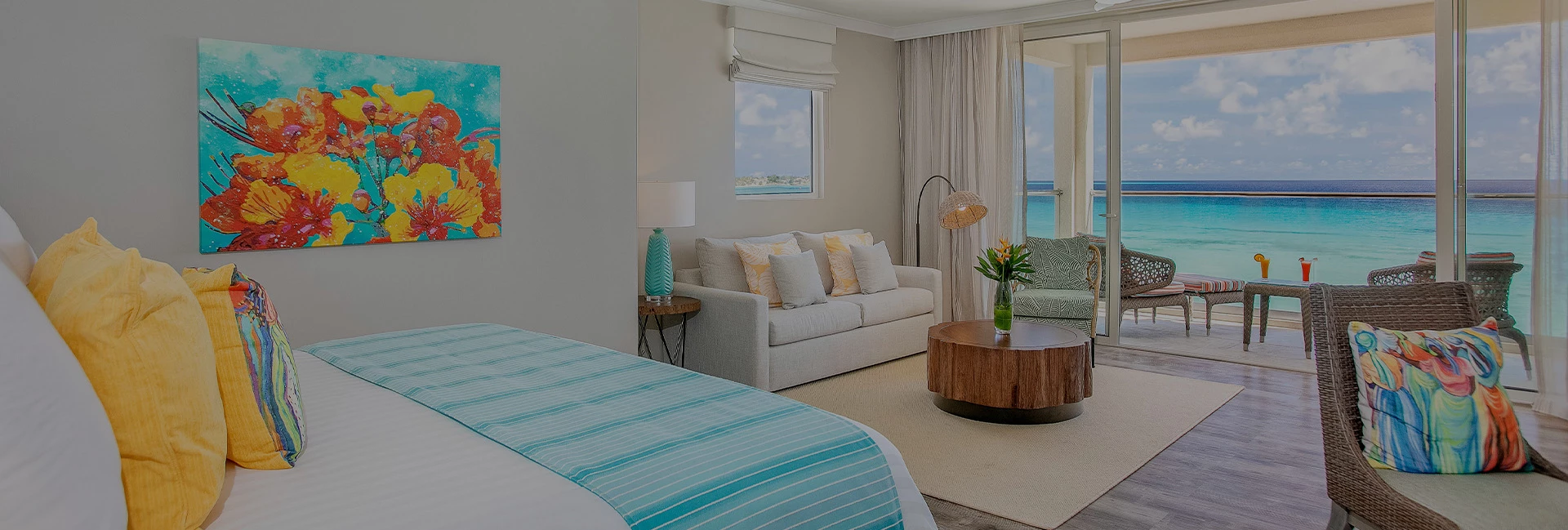 View of a big sophisticated bedroom with sea view