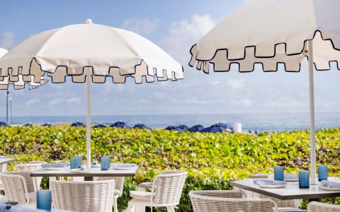 a table and chairs with umbrellas in front of a beach
