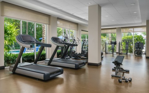 a gym with treadmills and exercise equipment