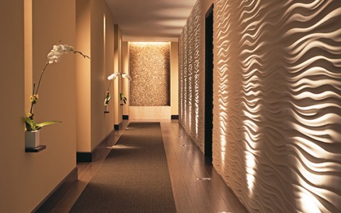 a long hallway with a white wall and a flower pot