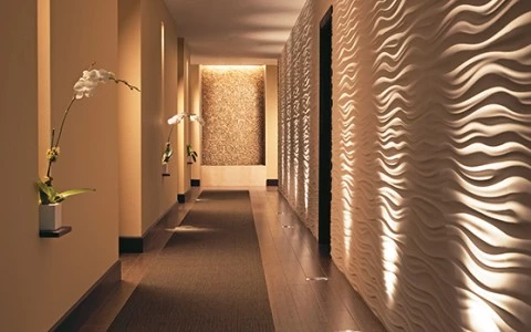 a long hallway with a white wall and a flower pot