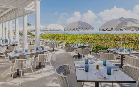 a table and chairs with umbrellas on a patio