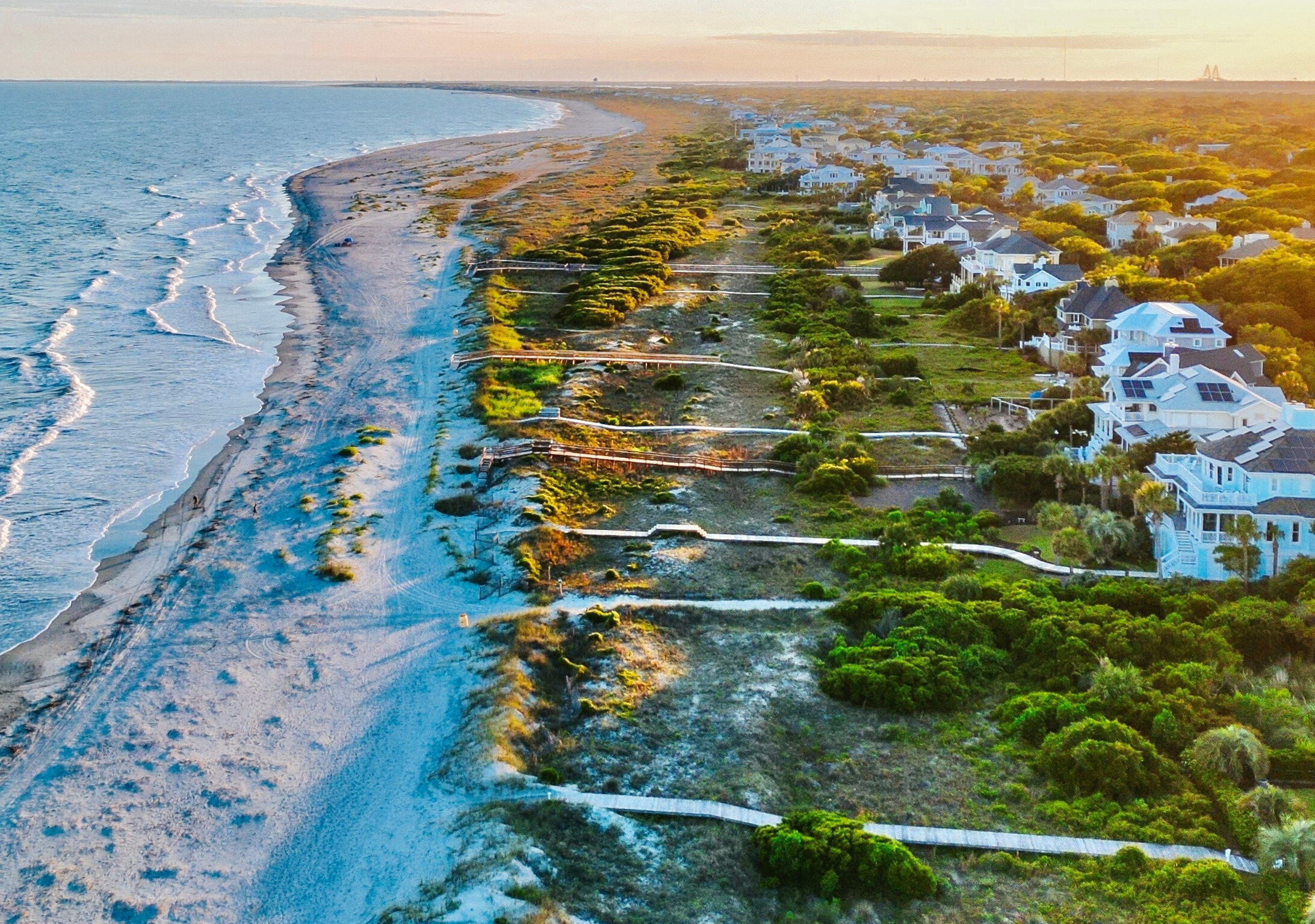 a beach with houses and trees