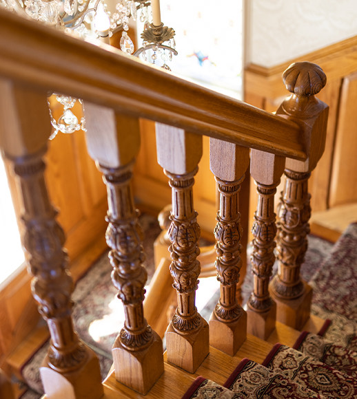 a living room with a staircase