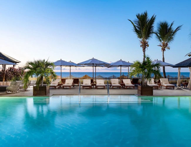 a pool with umbrellas and chairs and palm trees