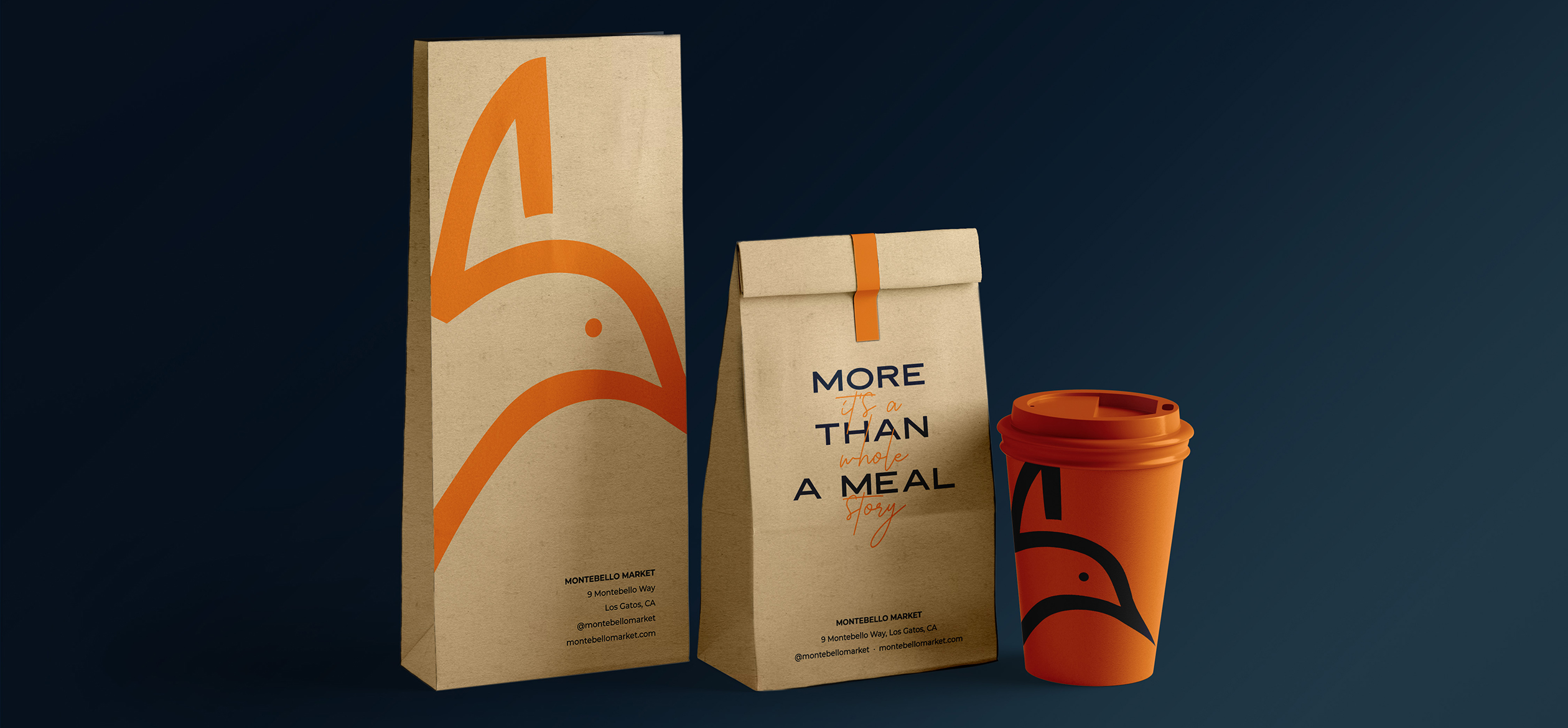 a group of paper bags and a cup with the Montebello logo on it