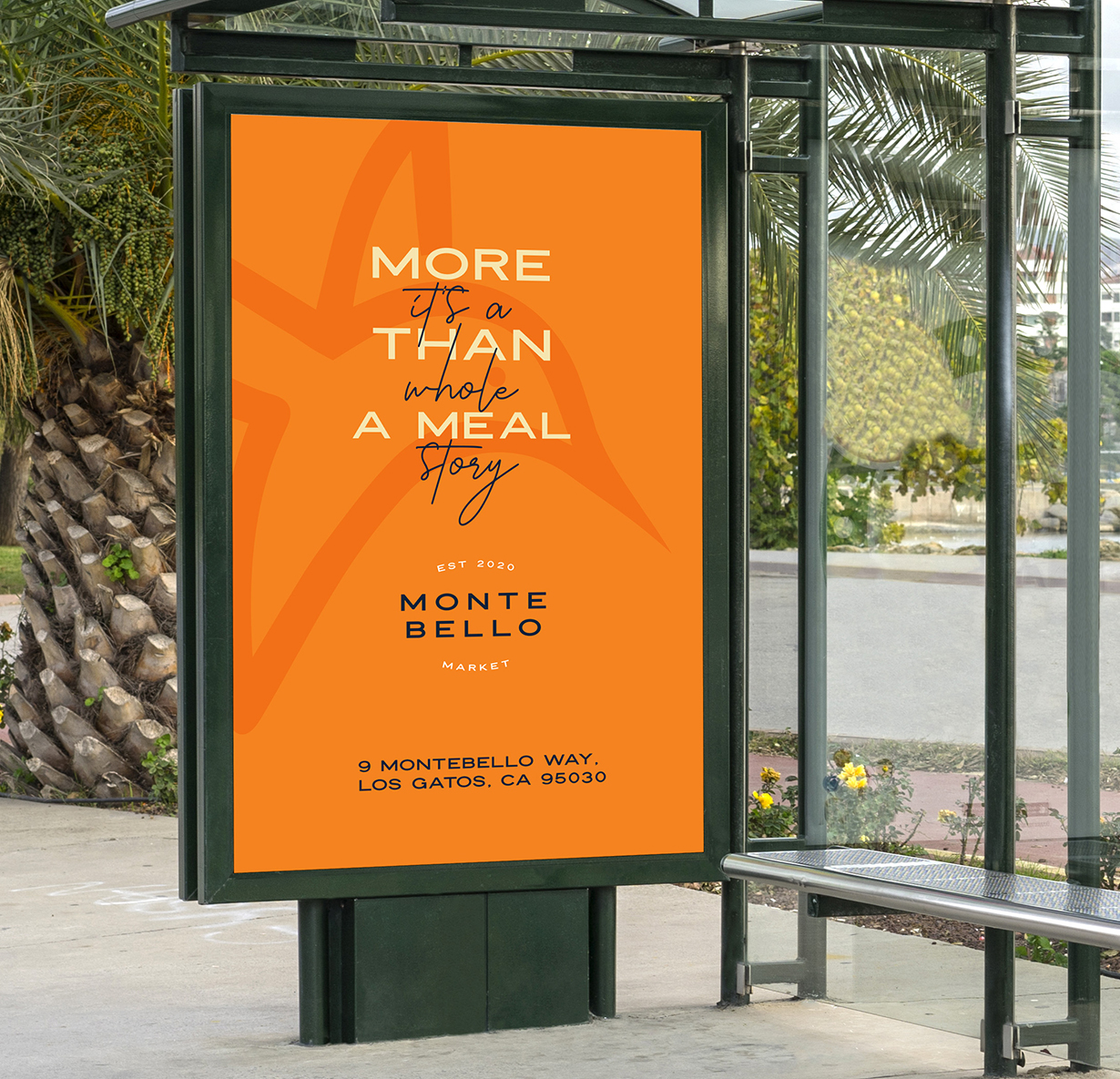 a large sign in a bus stop shelter with Montebello branding on it