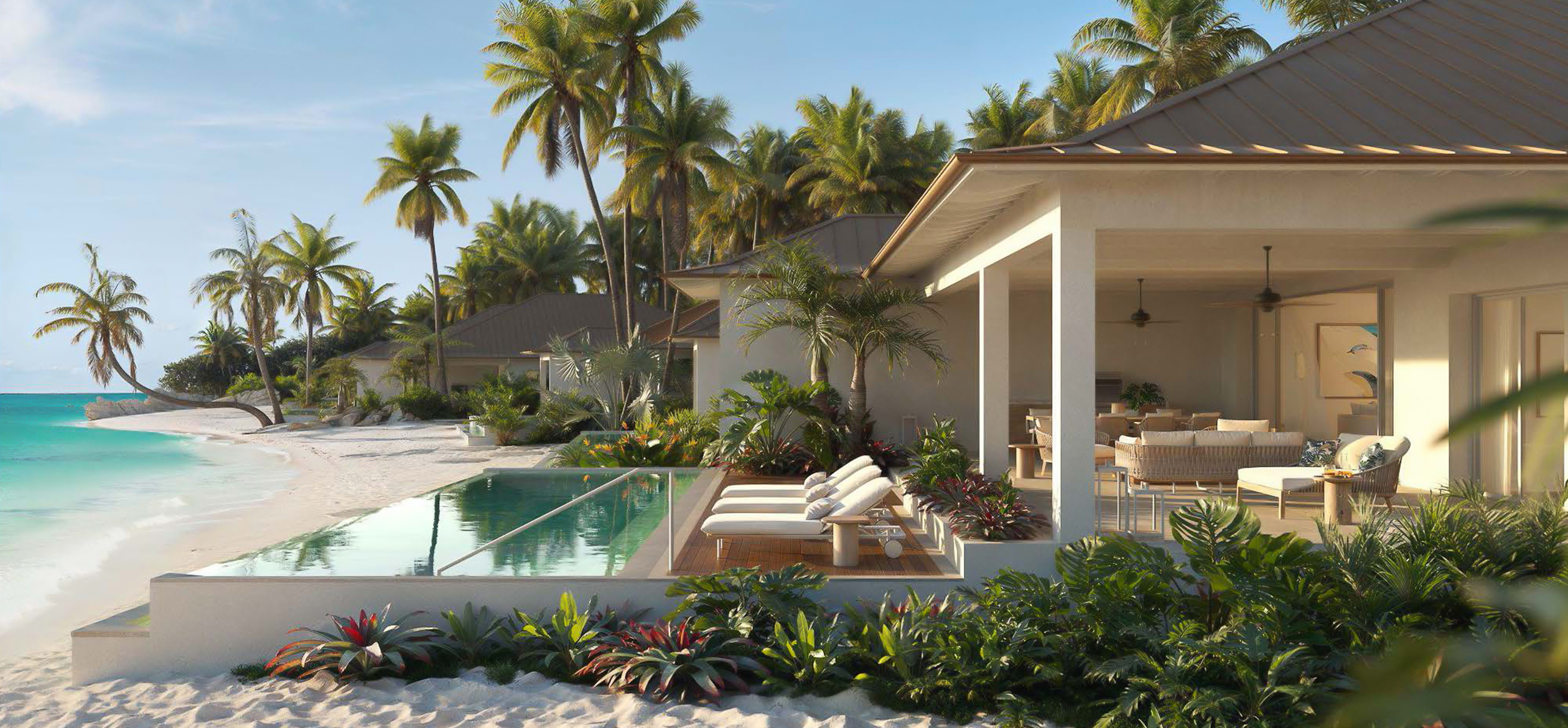 a pool in a house with palm trees